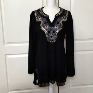 Zashi pullover blouse large black sequin back long sleeve top purple gold